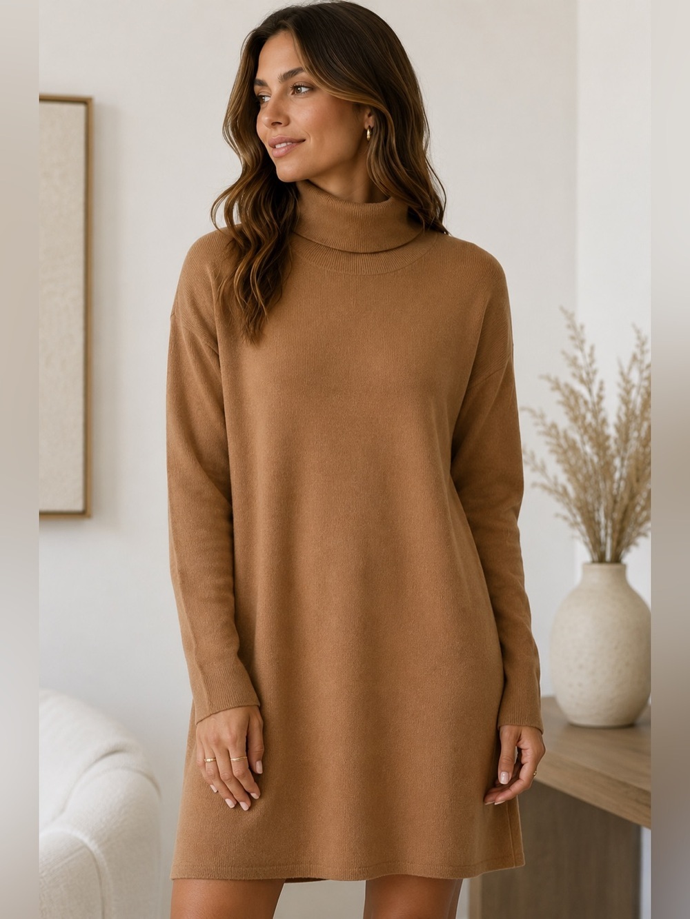 Michael Kors Camel Turtleneck Knit Sweater Dress | Long Sleeve | Size M |